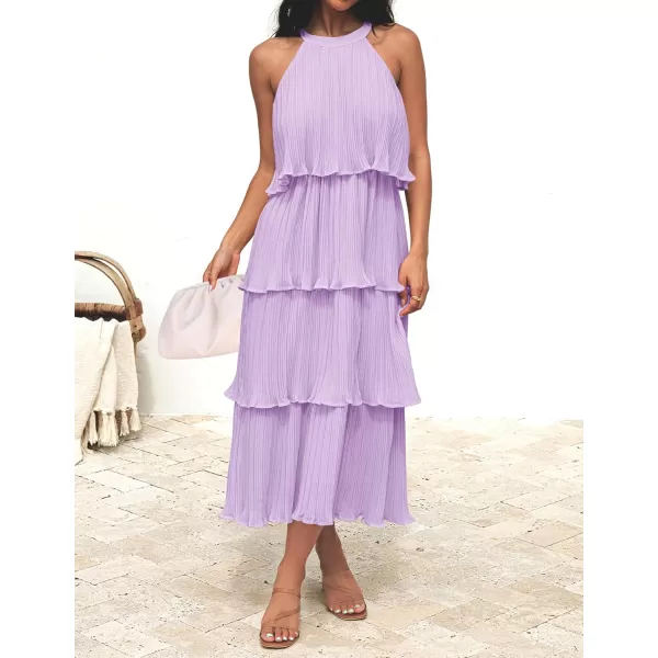 imageZESICA Womens 2023 Summer Sleeveless Halter Neck Ruffle Tiered Layed Chiffon Flowy Swing Long Midi DressPurple