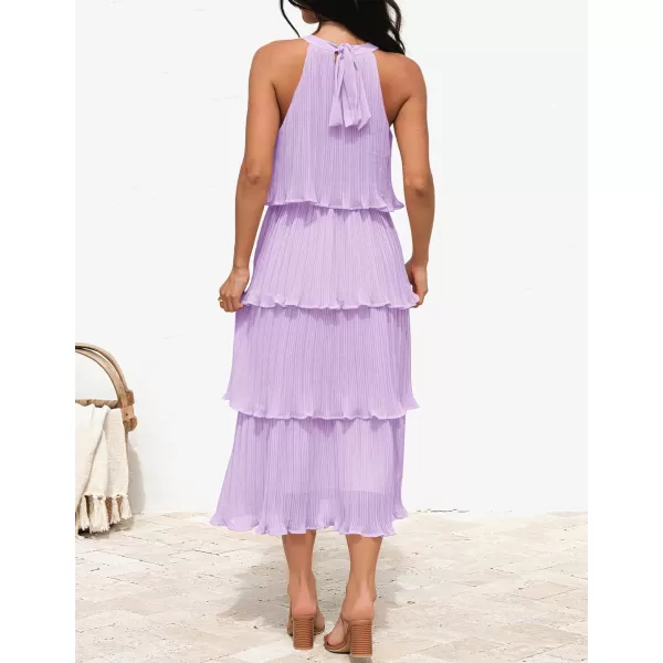 imageZESICA Womens 2023 Summer Sleeveless Halter Neck Ruffle Tiered Layed Chiffon Flowy Swing Long Midi DressPurple