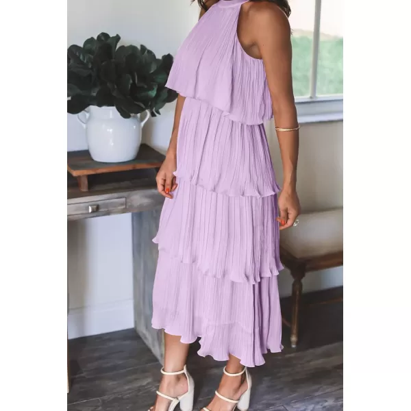 imageZESICA Womens 2023 Summer Sleeveless Halter Neck Ruffle Tiered Layed Chiffon Flowy Swing Long Midi DressPurple