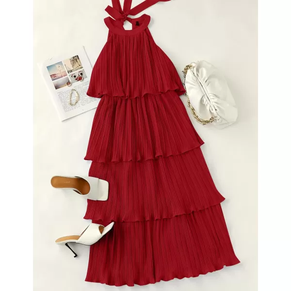 imageZESICA Womens 2023 Summer Sleeveless Halter Neck Ruffle Tiered Layed Chiffon Flowy Swing Long Midi DressRed