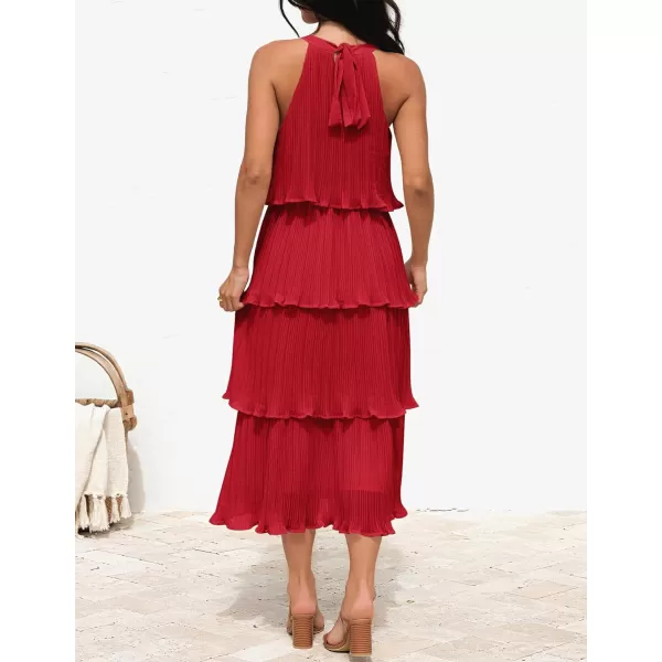 imageZESICA Womens 2023 Summer Sleeveless Halter Neck Ruffle Tiered Layed Chiffon Flowy Swing Long Midi DressRed