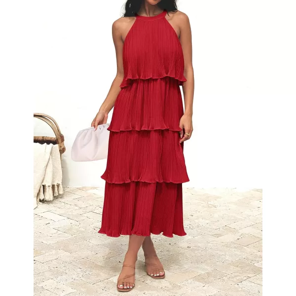 imageZESICA Womens 2023 Summer Sleeveless Halter Neck Ruffle Tiered Layed Chiffon Flowy Swing Long Midi DressRed