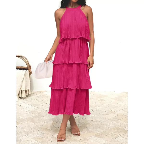 imageZESICA Womens 2023 Summer Sleeveless Halter Neck Ruffle Tiered Layed Chiffon Flowy Swing Long Midi DressRose