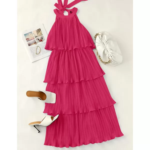 imageZESICA Womens 2023 Summer Sleeveless Halter Neck Ruffle Tiered Layed Chiffon Flowy Swing Long Midi DressRose
