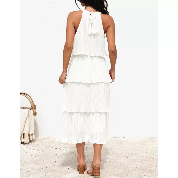 imageZESICA Womens 2023 Summer Sleeveless Halter Neck Ruffle Tiered Layed Chiffon Flowy Swing Long Midi DressWhite