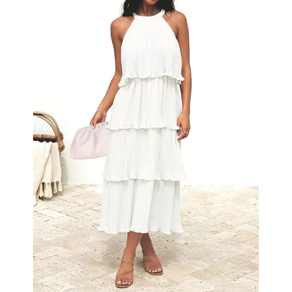 imageZESICA Womens 2023 Summer Sleeveless Halter Neck Ruffle Tiered Layed Chiffon Flowy Swing Long Midi DressWhite