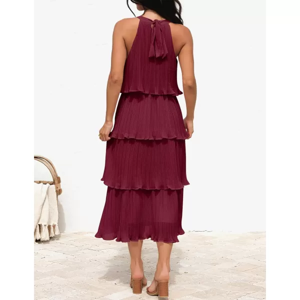 imageZESICA Womens 2023 Summer Sleeveless Halter Neck Ruffle Tiered Layed Chiffon Flowy Swing Long Midi DressWine