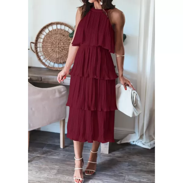 imageZESICA Womens 2023 Summer Sleeveless Halter Neck Ruffle Tiered Layed Chiffon Flowy Swing Long Midi DressWine