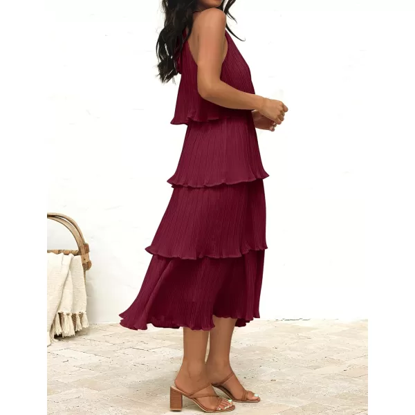 imageZESICA Womens 2023 Summer Sleeveless Halter Neck Ruffle Tiered Layed Chiffon Flowy Swing Long Midi DressWine