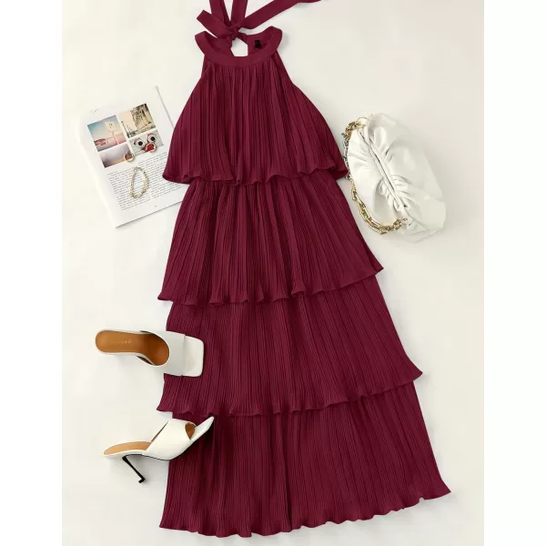 imageZESICA Womens 2023 Summer Sleeveless Halter Neck Ruffle Tiered Layed Chiffon Flowy Swing Long Midi DressWine