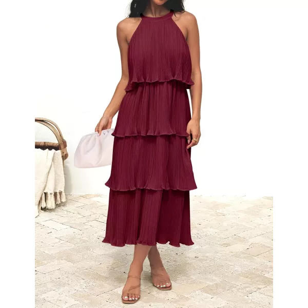 imageZESICA Womens 2023 Summer Sleeveless Halter Neck Ruffle Tiered Layed Chiffon Flowy Swing Long Midi DressWine