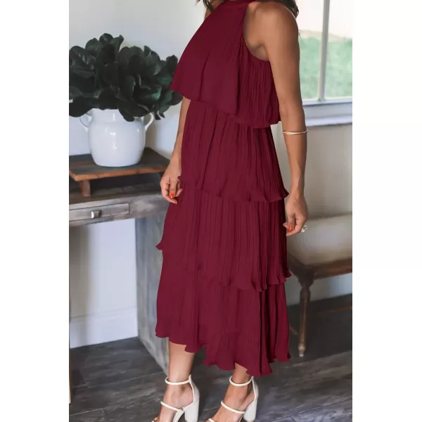 imageZESICA Womens 2023 Summer Sleeveless Halter Neck Ruffle Tiered Layed Chiffon Flowy Swing Long Midi DressWine