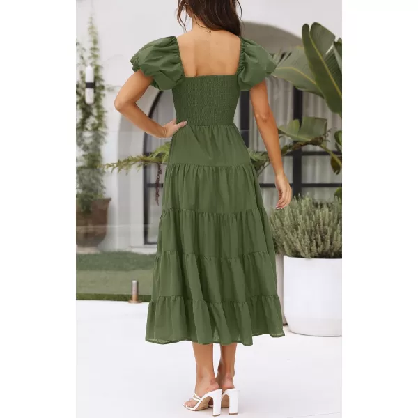 imageZESICA Womens 2023 Summer Square Neck Short Puff Sleeve Solid Color High Waist Casual Smocked Flowy A Line Tiered Midi DressArmygreen