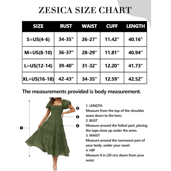 imageZESICA Womens 2023 Summer Square Neck Short Puff Sleeve Solid Color High Waist Casual Smocked Flowy A Line Tiered Midi DressArmygreen