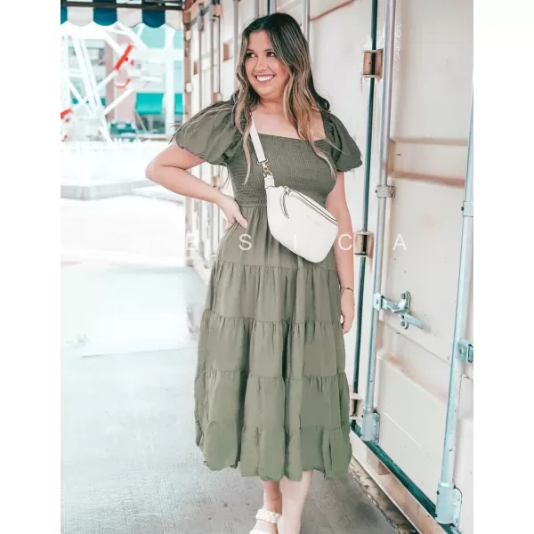 imageZESICA Womens 2023 Summer Square Neck Short Puff Sleeve Solid Color High Waist Casual Smocked Flowy A Line Tiered Midi DressArmygreen