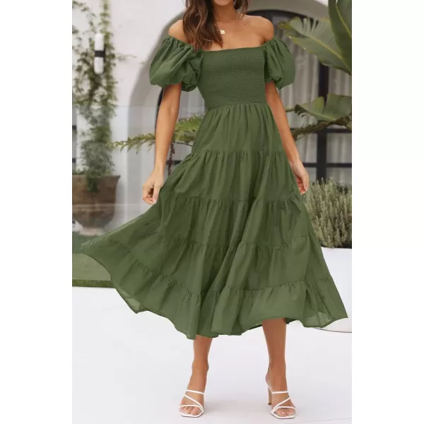 imageZESICA Womens 2023 Summer Square Neck Short Puff Sleeve Solid Color High Waist Casual Smocked Flowy A Line Tiered Midi DressArmygreen