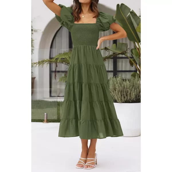 imageZESICA Womens 2023 Summer Square Neck Short Puff Sleeve Solid Color High Waist Casual Smocked Flowy A Line Tiered Midi DressArmygreen