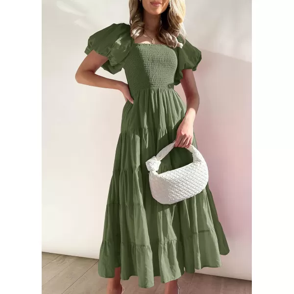 imageZESICA Womens 2023 Summer Square Neck Short Puff Sleeve Solid Color High Waist Casual Smocked Flowy A Line Tiered Midi DressArmygreen