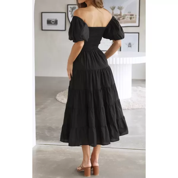 imageZESICA Womens 2023 Summer Square Neck Short Puff Sleeve Solid Color High Waist Casual Smocked Flowy A Line Tiered Midi DressBlack