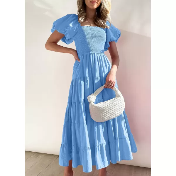 imageZESICA Womens 2023 Summer Square Neck Short Puff Sleeve Solid Color High Waist Casual Smocked Flowy A Line Tiered Midi DressBlue