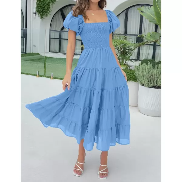 imageZESICA Womens 2023 Summer Square Neck Short Puff Sleeve Solid Color High Waist Casual Smocked Flowy A Line Tiered Midi DressBlue