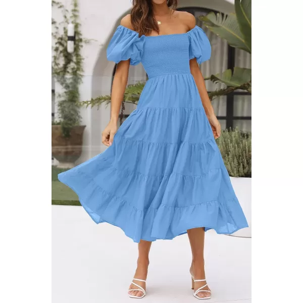 imageZESICA Womens 2023 Summer Square Neck Short Puff Sleeve Solid Color High Waist Casual Smocked Flowy A Line Tiered Midi DressBlue