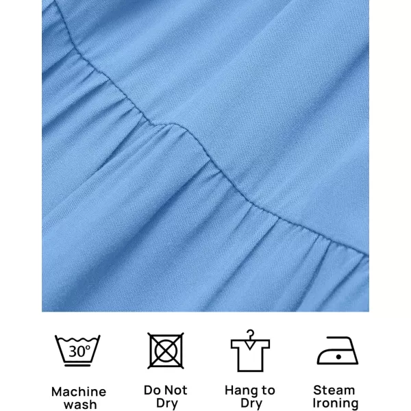 imageZESICA Womens 2023 Summer Square Neck Short Puff Sleeve Solid Color High Waist Casual Smocked Flowy A Line Tiered Midi DressBlue