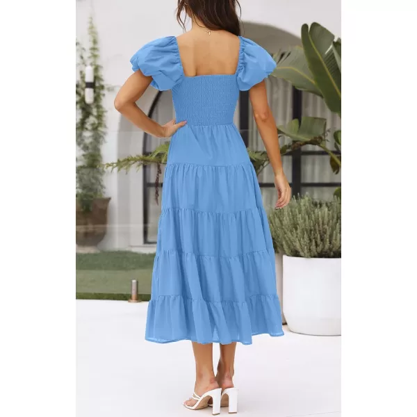 imageZESICA Womens 2023 Summer Square Neck Short Puff Sleeve Solid Color High Waist Casual Smocked Flowy A Line Tiered Midi DressBlue
