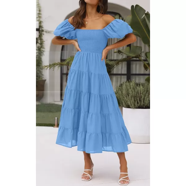 imageZESICA Womens 2023 Summer Square Neck Short Puff Sleeve Solid Color High Waist Casual Smocked Flowy A Line Tiered Midi DressBlue