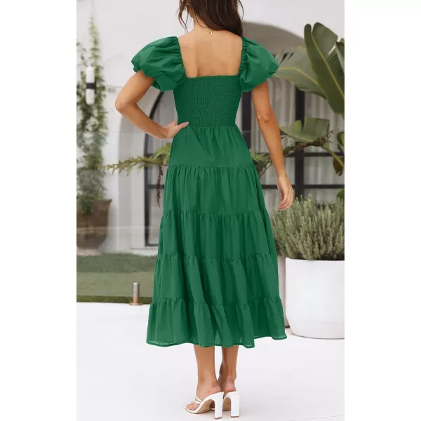 imageZESICA Womens 2023 Summer Square Neck Short Puff Sleeve Solid Color High Waist Casual Smocked Flowy A Line Tiered Midi DressForestgreen