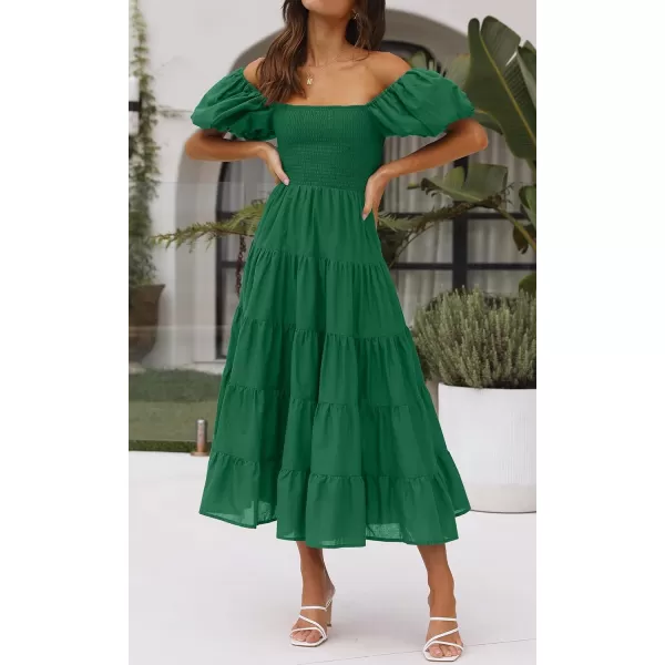 imageZESICA Womens 2023 Summer Square Neck Short Puff Sleeve Solid Color High Waist Casual Smocked Flowy A Line Tiered Midi DressForestgreen