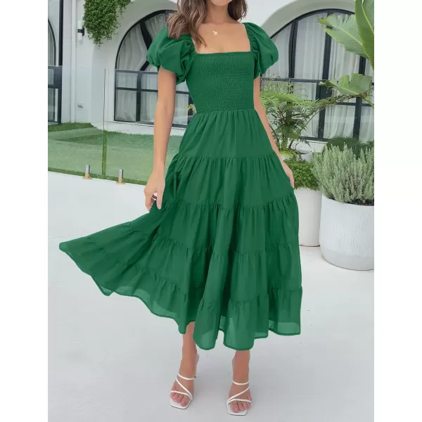 imageZESICA Womens 2023 Summer Square Neck Short Puff Sleeve Solid Color High Waist Casual Smocked Flowy A Line Tiered Midi DressForestgreen
