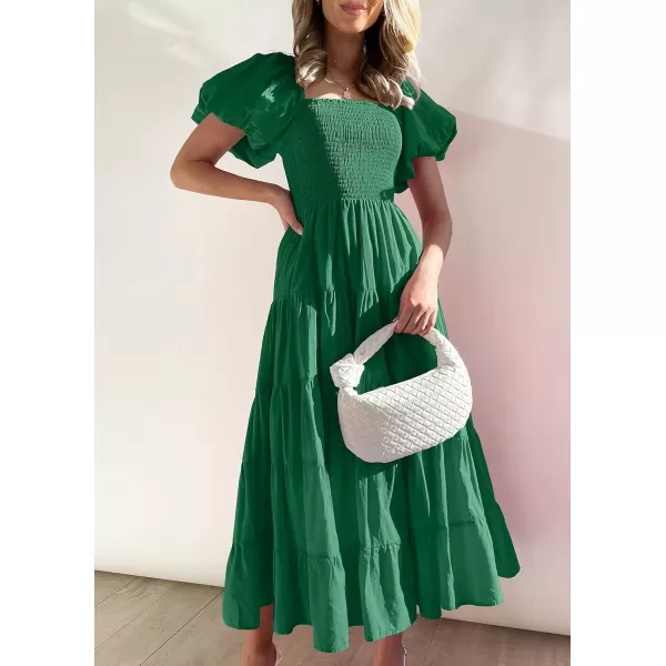 imageZESICA Womens 2023 Summer Square Neck Short Puff Sleeve Solid Color High Waist Casual Smocked Flowy A Line Tiered Midi DressForestgreen
