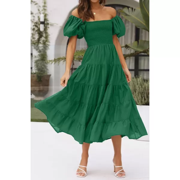 imageZESICA Womens 2023 Summer Square Neck Short Puff Sleeve Solid Color High Waist Casual Smocked Flowy A Line Tiered Midi DressForestgreen