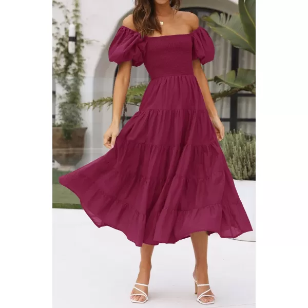 imageZESICA Womens 2023 Summer Square Neck Short Puff Sleeve Solid Color High Waist Casual Smocked Flowy A Line Tiered Midi DressFuchsia