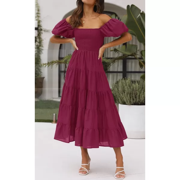imageZESICA Womens 2023 Summer Square Neck Short Puff Sleeve Solid Color High Waist Casual Smocked Flowy A Line Tiered Midi DressFuchsia