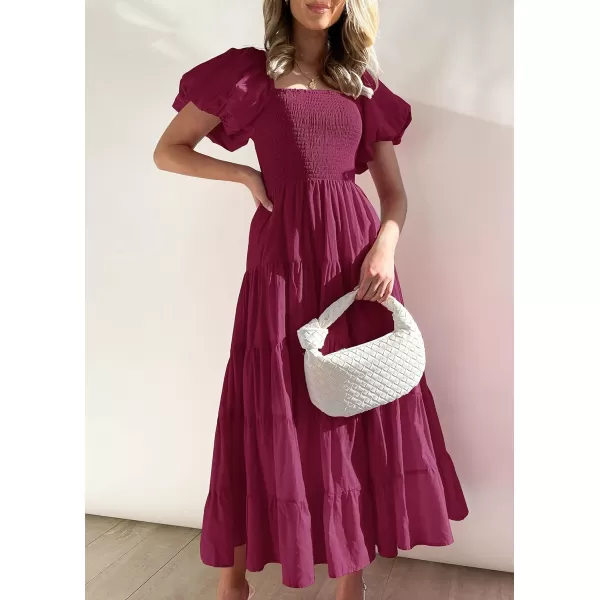 imageZESICA Womens 2023 Summer Square Neck Short Puff Sleeve Solid Color High Waist Casual Smocked Flowy A Line Tiered Midi DressFuchsia