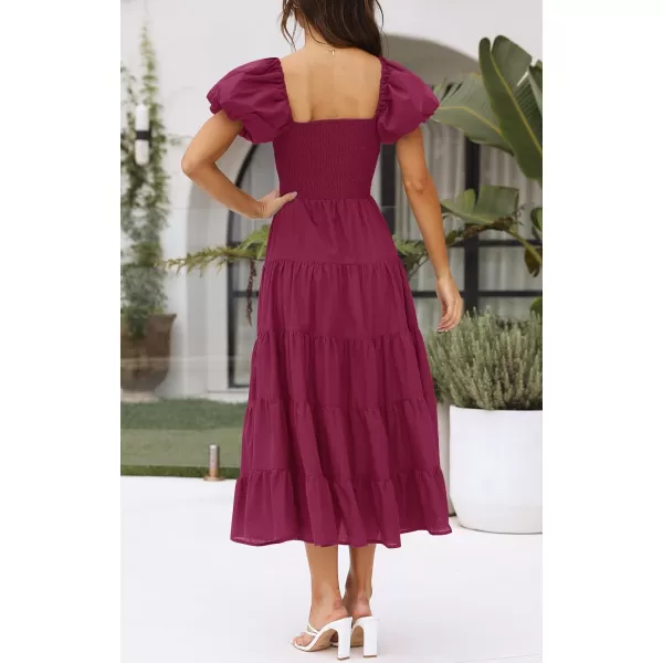 imageZESICA Womens 2023 Summer Square Neck Short Puff Sleeve Solid Color High Waist Casual Smocked Flowy A Line Tiered Midi DressFuchsia