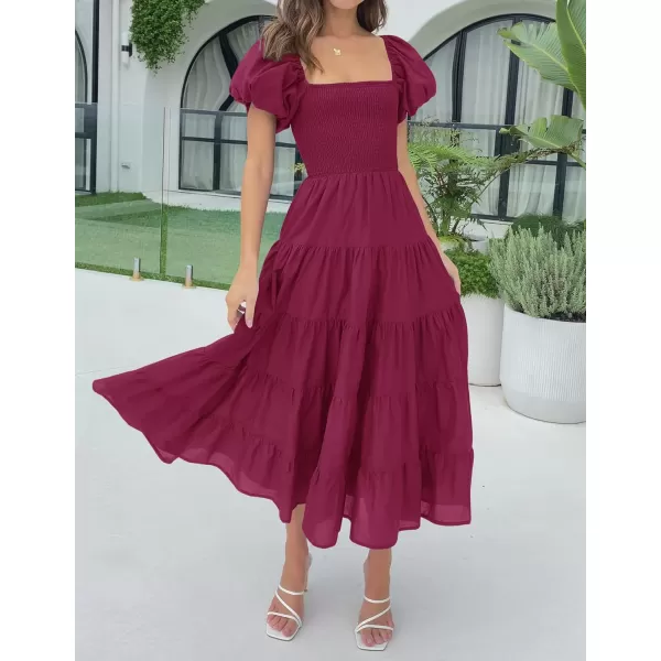 imageZESICA Womens 2023 Summer Square Neck Short Puff Sleeve Solid Color High Waist Casual Smocked Flowy A Line Tiered Midi DressFuchsia