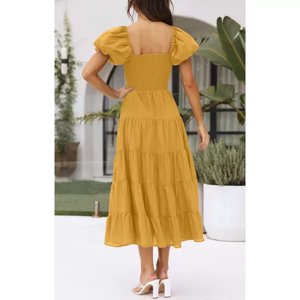 imageZESICA Womens 2023 Summer Square Neck Short Puff Sleeve Solid Color High Waist Casual Smocked Flowy A Line Tiered Midi DressGinger