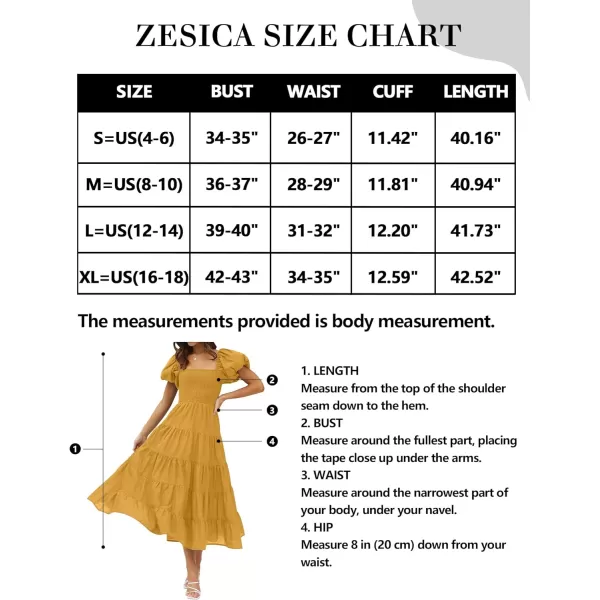 imageZESICA Womens 2023 Summer Square Neck Short Puff Sleeve Solid Color High Waist Casual Smocked Flowy A Line Tiered Midi DressGinger