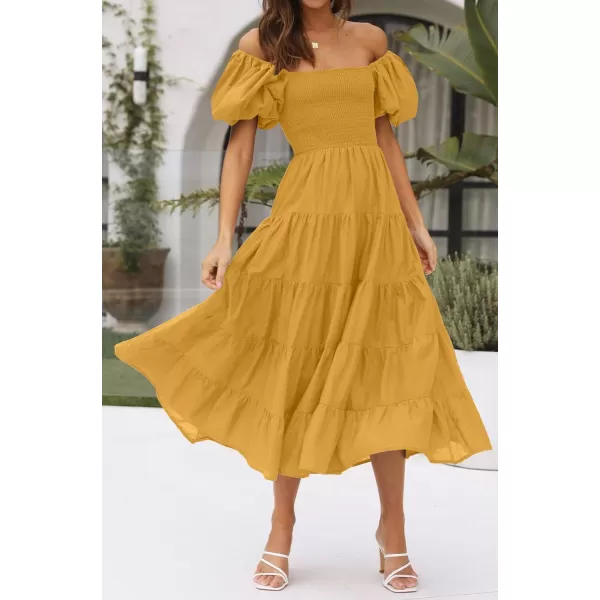 imageZESICA Womens 2023 Summer Square Neck Short Puff Sleeve Solid Color High Waist Casual Smocked Flowy A Line Tiered Midi DressGinger