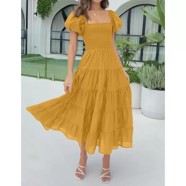 imageZESICA Womens 2023 Summer Square Neck Short Puff Sleeve Solid Color High Waist Casual Smocked Flowy A Line Tiered Midi DressGinger