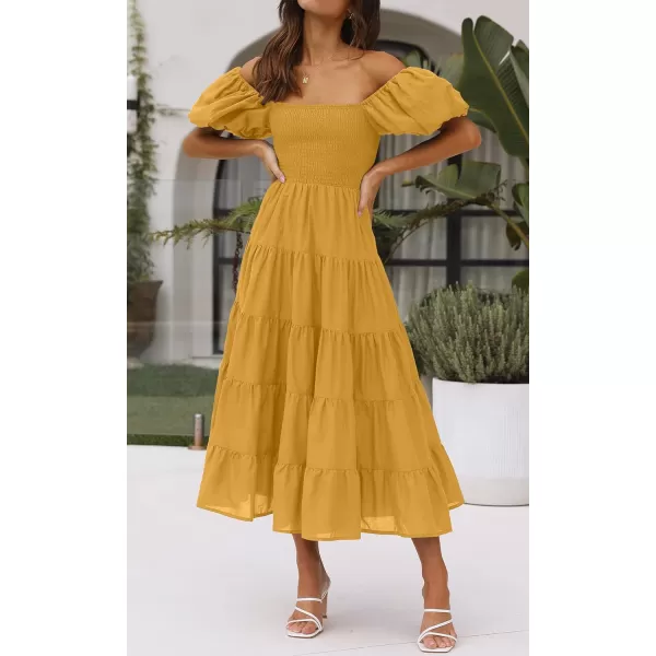 imageZESICA Womens 2023 Summer Square Neck Short Puff Sleeve Solid Color High Waist Casual Smocked Flowy A Line Tiered Midi DressGinger