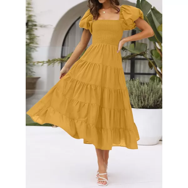 imageZESICA Womens 2023 Summer Square Neck Short Puff Sleeve Solid Color High Waist Casual Smocked Flowy A Line Tiered Midi DressGinger