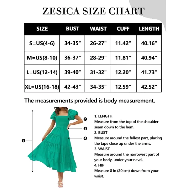 imageZESICA Womens 2023 Summer Square Neck Short Puff Sleeve Solid Color High Waist Casual Smocked Flowy A Line Tiered Midi DressGreen