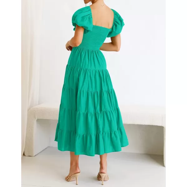 imageZESICA Womens 2023 Summer Square Neck Short Puff Sleeve Solid Color High Waist Casual Smocked Flowy A Line Tiered Midi DressGreen