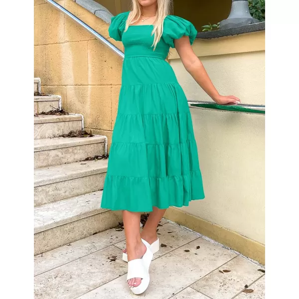 imageZESICA Womens 2023 Summer Square Neck Short Puff Sleeve Solid Color High Waist Casual Smocked Flowy A Line Tiered Midi DressGreen