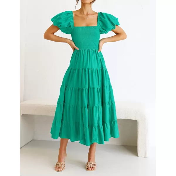 imageZESICA Womens 2023 Summer Square Neck Short Puff Sleeve Solid Color High Waist Casual Smocked Flowy A Line Tiered Midi DressGreen