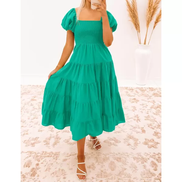 imageZESICA Womens 2023 Summer Square Neck Short Puff Sleeve Solid Color High Waist Casual Smocked Flowy A Line Tiered Midi DressGreen